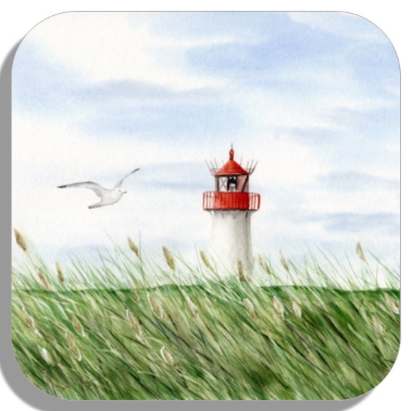 Untersetzer Glasuntersetzer 9,5 x 9,5 cm Aquarell Kunst Maritim Druck Kunstdruck Leuchtturm List Sylt Nordsee Meer Strand Dünen