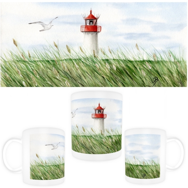 Tasse Becher Kaffeebecher Aquarell Kunst Maritim Druck Kunstdruck Leuchtturm List Sylt Nordsee Meer Strand Dünen