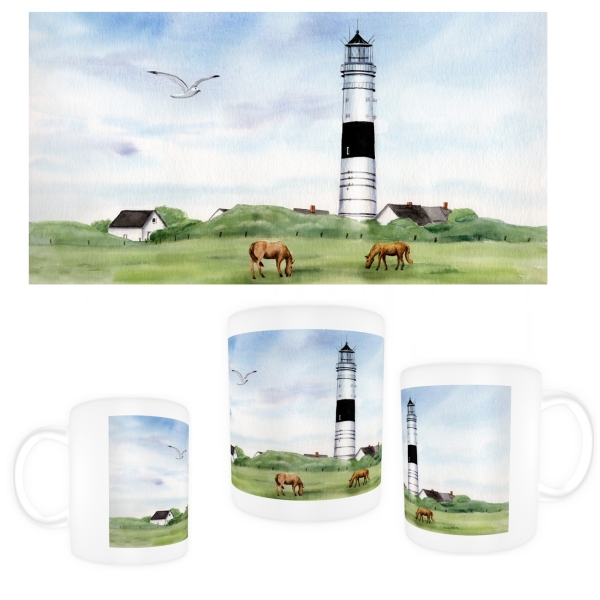 Tasse Becher Kaffeebecher Aquarell Kunst Maritim Druck Kunstdruck Leuchtturm Langer Christian Kampen Sylt Nordsee Meer Strand Dünen