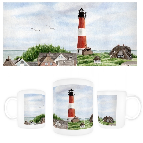 Tasse Becher Kaffeebecher Aquarell Kunst Maritim Druck Kunstdruck Leuchtturm Hörnum Sylt Nordsee Meer Strand Dünen