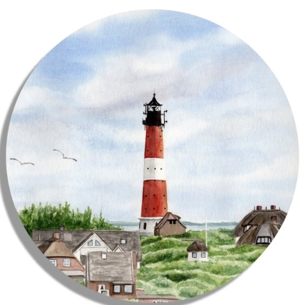 Untersetzer Glasuntersetzer rund 9,5 cm Aquarell Kunst Maritim Druck Kunstdruck Leuchtturm Hörnum Sylt Nordsee Meer Strand Dünen