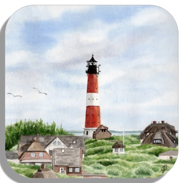 Untersetzer Glasuntersetzer 9,5 x 9,5 cm Aquarell Kunst Maritim Druck Kunstdruck Leuchtturm Hörnum Sylt Nordsee Meer Strand Dünen