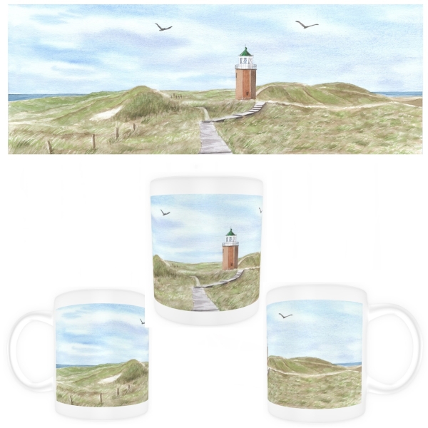 Tasse Becher Kaffeebecher Aquarell Kunst Maritim Druck Kunstdruck Leuchtturm Rotes Kliff Kampen Sylt Nordsee Meer Strand Dünen