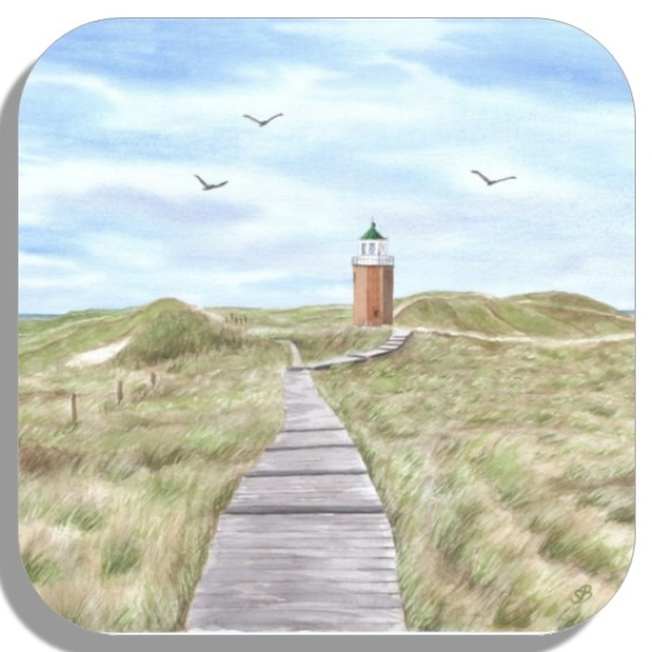 Untersetzer Glasuntersetzer 9,5 x 9,5 cm Aquarell Kunst Maritim Druck Kunstdruck Leuchtturm Rotes Kliff Kampen Sylt Nordsee Meer Strand Dünen