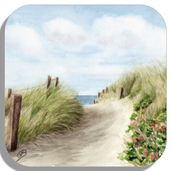 Untersetzer Glasuntersetzer 9,5 x 9,5 cm Strandweg Aquarell Maritim Kunst Druck Kunstdruck Dänemark Nordsee Ostsee Dünen Meer Strand Sylt