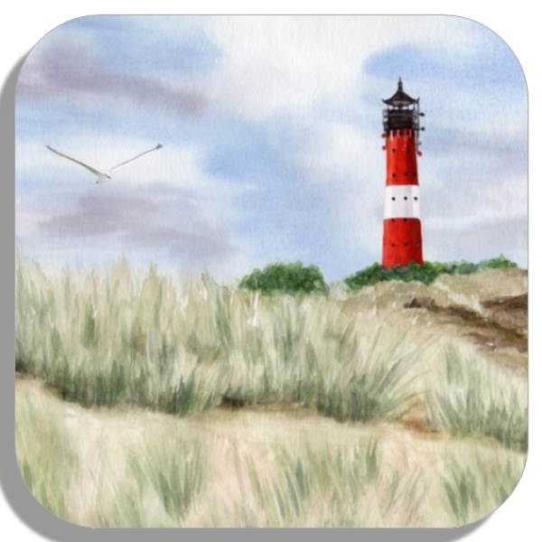 Coasters glass coasters 9,5 x  9,5 cm Watercolor Maritime Art Print Lighthouse Hörnum Sylt North Sea Dunes Beach