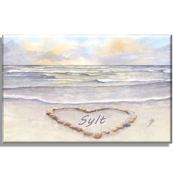Leinwand 30 x 20 cm Keilrahmen Canvas-Leinen Sonnenuntergang Strand mit Muschelherz  - Sylt19 - Beschriftung nach Wahl möglich.