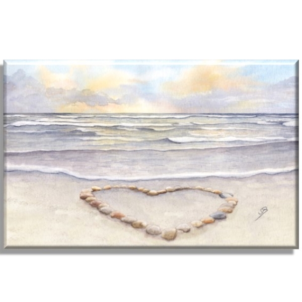 Leinwand 30 x 20 cm Keilrahmen Canvas-Leinen  Sonnenuntergang Strand mit Muschelherz  - Sylt19 - Beschriftung nach Wahl möglich. Aquarell Maritim Kunst Druck Kunstdruck Dänemark Nordsee Düne Dünen Meer Möwe Ostsee