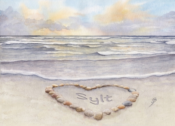 Poster DIN-A3  - Sonnenuntergang Strand mit Muschelherz  - Sylt19 - Beschriftung nach Wahl möglich.