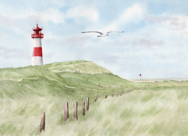 Folienmagnet Aquarell Kunst Maritim Druck Kunstdruck Leuchtturm List Sylt Nordsee Meer Strand Dünen