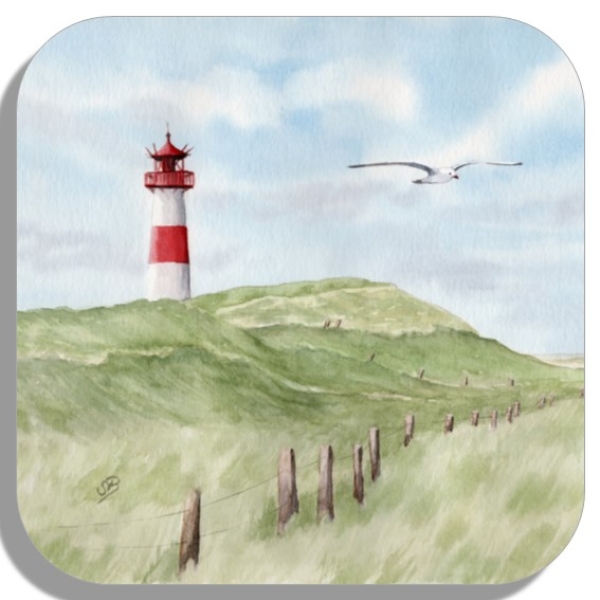 Coasters glass coasters 9,5 x  9,5 cm Watercolor Maritime Art Print Lighthouse List Sylt North Sea Dunes Beach