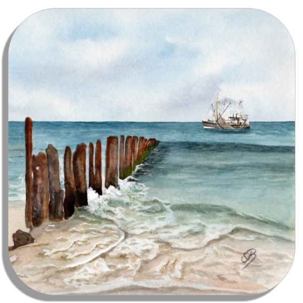 Untersetzer Glasuntersetzer 9,5 x 9,5 cm  Aquarell Wellenbrecher  Maritim Kunst Druck Dänemark Nordsee Ostsee Düne Dünen Meer Möwe Möwen Strand