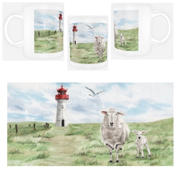Tasse Becher Kaffeebecher Aquarell Kunst Maritim Druck Kunstdruck Leuchtturm List Sylt Nordsee Meer Strand Dünen Schafe