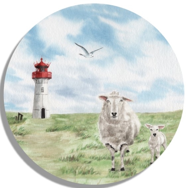 Untersetzer Glasuntersetzer rund 9,5 cm Aquarell Kunst Maritim Druck Kunstdruck Leuchtturm List Sylt Nordsee Meer Strand Dünen Schafe