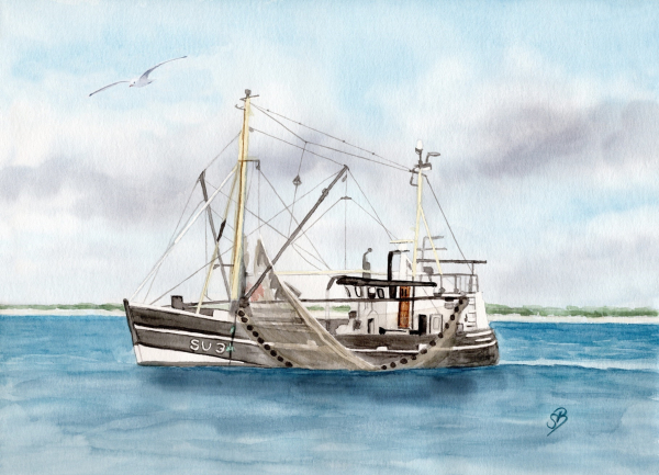Watercolor Maritime Art Print Denmark North Sea Baltic Sea Fishing boat  fisherboat cutter Seagulls