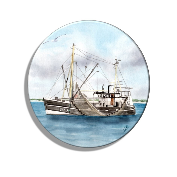 Kühlschrankmagnet m. Flaschenöffner  Aquarell Maritim Kunst Druck Kunstdruck Dänemark Nordsee Ostsee Fischerboot Kutter Fischkutter Krabbenkutter  Meer Boot Möwen