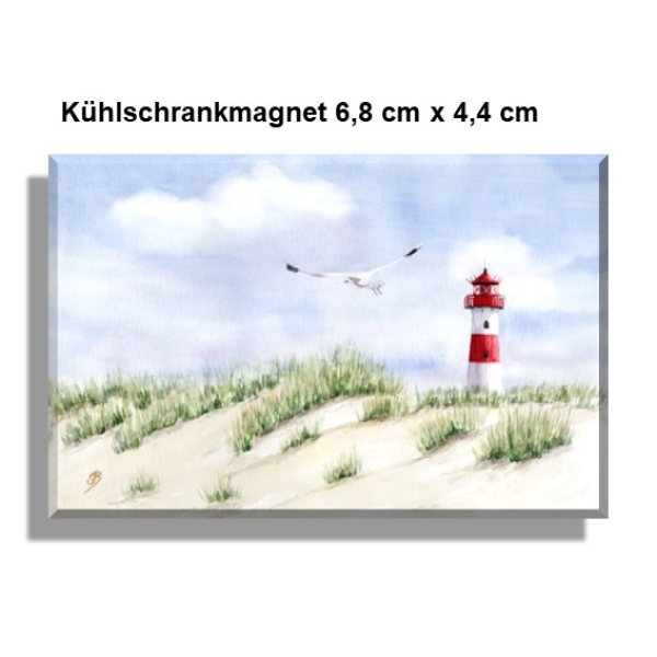 Kühlschrankmagnet  Aquarell Kunst Maritim Druck Kunstdruck Leuchtturm List Sylt Nordsee Meer Strand Dünen
