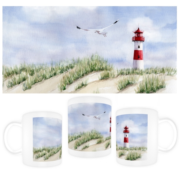 Tasse Becher Kaffeebecher Aquarell Kunst Maritim Druck Kunstdruck Leuchtturm List Sylt Nordsee Meer Strand Dünen