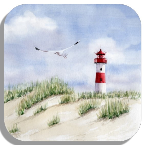 Untersetzer Glasuntersetzer 9,5 x 9,5 cm Aquarell Kunst Maritim Druck Kunstdruck Leuchtturm List Sylt Nordsee Meer Strand Dünen