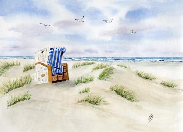 Postkarte DIN-A5  Aquarell Maritim Kunst Druck Kunstdruck Dänemark Nordsee Ostsee Strandkorb Düne Dünen Sylt Meer Möwe Strand