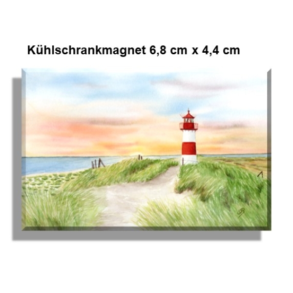 Kühlschrankmagnet  Aquarell Kunst Maritim Druck Kunstdruck Leuchtturm List Sylt Nordsee Meer Strand Dünen Sonnenuntergang