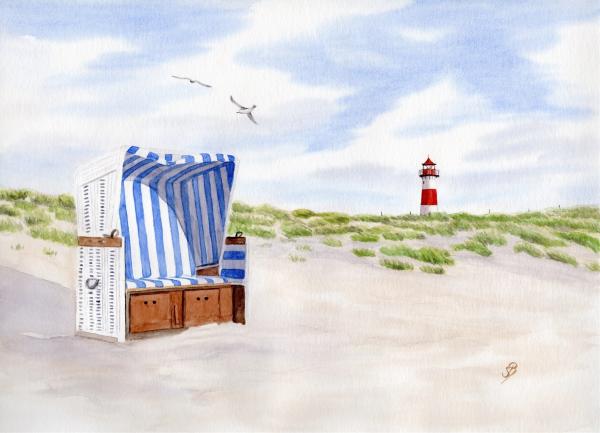 Postkarte DIN-A5 Aquarell Maritim Kunst Druck Kunstdruck Dänemark Nordsee Ostsee Strandkorb Leuchtturm Sylt Meer Möwe Strand Dünen