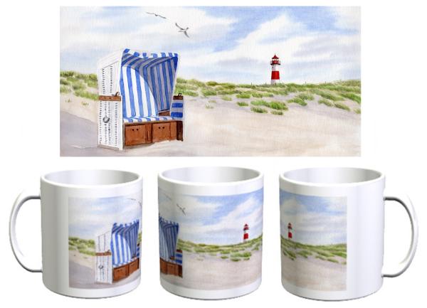 Cup Coffee Cup Mug Watercolor Maritime Art Print Beach Chair Lighthouse North Sea Baltic Sea Denmark Dunes Sylt