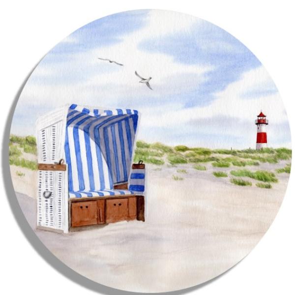 Untersetzer Glasuntersetzer rund 9,5 cm Aquarell Maritim Kunst Druck Kunstdruck Dänemark Nordsee Ostsee Strandkorb Leuchtturm Sylt Meer Möwe Strand Dünen