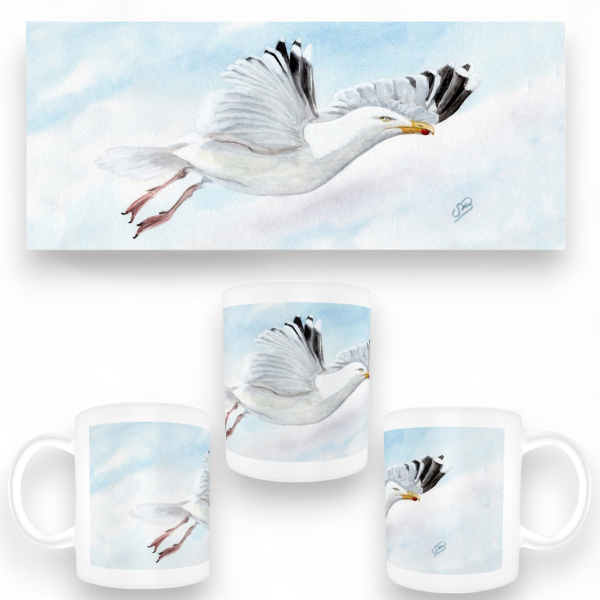 Tasse Becher Kaffeebecher  Aquarell Maritim Kunst Druck Kunstdruck Dänemark Nordsee Ostsee Möwe im Flug