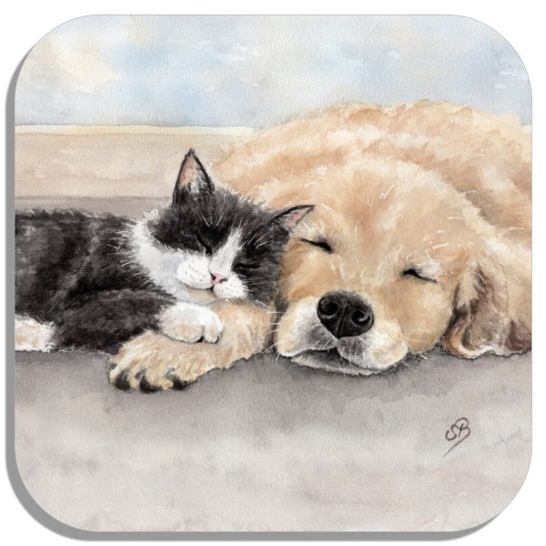 Untersetzer Glasuntersetzer 9,5 x 9,5 cm Aquarell Kunst Druck Kunstdruck Katze und Hund - T15