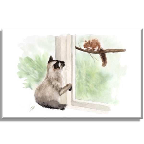 Leinwand 30 x 20 cm Keilrahmen Canvas-Leinen  Aquarell Kunst Druck Kunstdruck Katze am Fenster