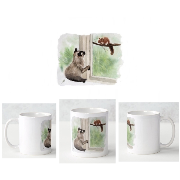 Cup Coffee Cup Mug watercolor art print cat at the window