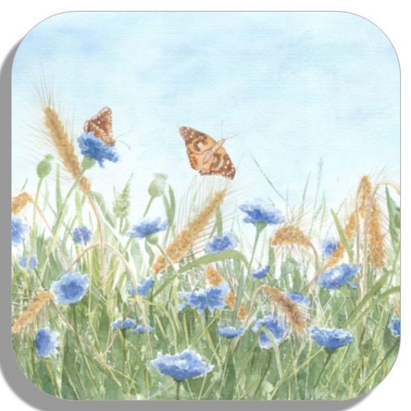 Untersetzer Glasuntersetzer 9,5 x 9,5 cm Aquarell Kunst Druck Kunstdruck Schmetterlinge Blumen Blumenwiese Wiese Schmetterling