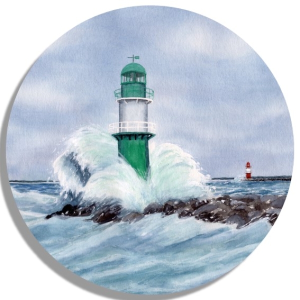Untersetzer Glasuntersetzer rund 9,5 cm   Aquarell Maritim Kunst Druck Kunstdruck Ostsee Leuchtturm Warnemünde Westmole grün Mole Molenfeuer  Rostock