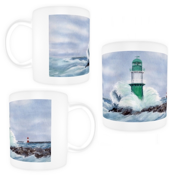 Tasse Becher Kaffeebecher Aquarell Maritim Kunst Druck Kunstdruck Ostsee Leuchtturm Warnemünde Westmole grün Mole Molenfeuer  Rostock