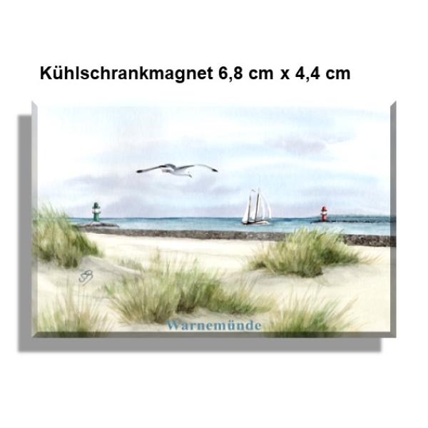 Kühlschrankmagnet  Aquarell Maritim Kunst Druck Kunstdruck Ostsee Leuchtturm Warnemünde West- und Ostmole Molenfeuer  Rostock