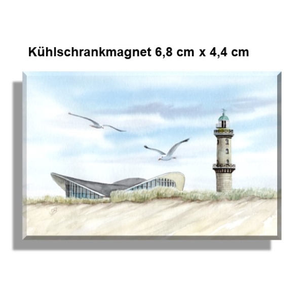 Kühlschrankmagnet  Aquarell Maritim Kunst Druck Kunstdruck Ostsee Leuchtturm Warnemünde Rostock Teepott Möwen WA11