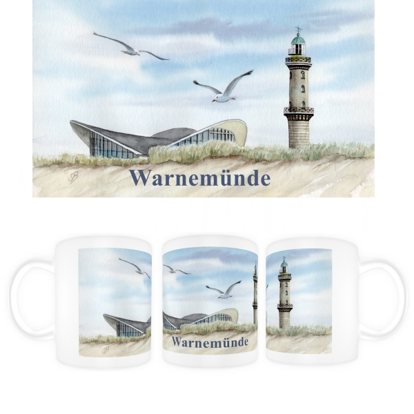Tasse Becher Kaffeebecher Aquarell Maritim Kunst Druck Kunstdruck Ostsee Leuchtturm Warnemünde Rostock Teepott Möwen WA11