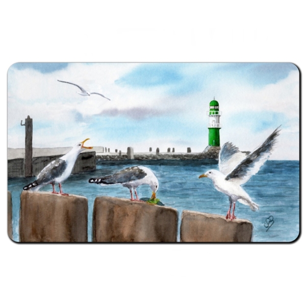Frühstücksbrettchen Brettchen Aquarell Maritim Kunst Druck Kunstdruck Ostsee Leuchtturm Warnemünde Westmole grün Mole Molenfeuer  Rostock