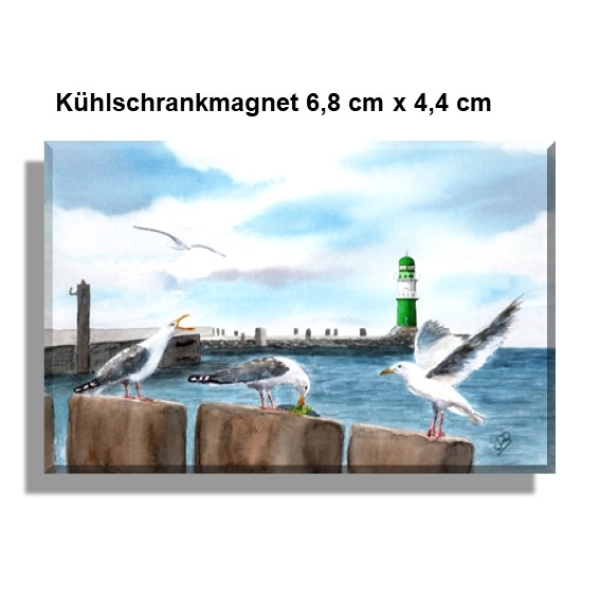 Kühlschrankmagnet  Aquarell Maritim Kunst Druck Kunstdruck Ostsee Leuchtturm Warnemünde Westmole grün Mole Molenfeuer  Rostock