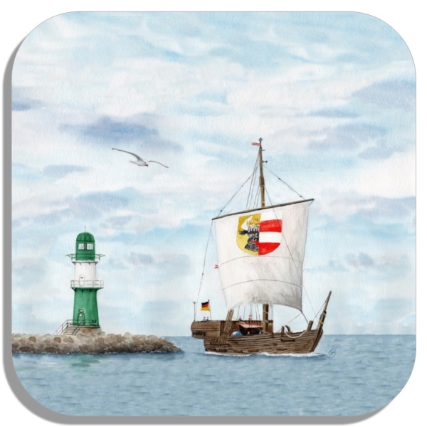 Untersetzer Glasuntersetzer 9,5 x 9,5 cm  Aquarell Maritim Kunst Druck Kunstdruck Ostsee Leuchtturm Warnemünde Westmole grün Mole Molenfeuer  Rostock