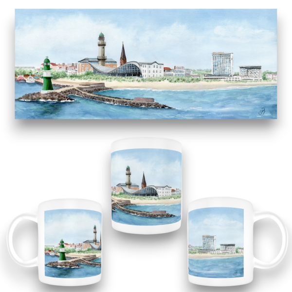 Cup Coffee Cup Mug Watercolor Maritime Art Print Baltic Sea lighthouse Warnemünde - Panorama - WA15