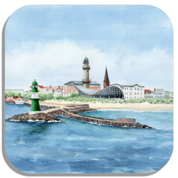 Coasters glass coasters 9,5 x  9,5 cm Watercolor Maritime Art Print Baltic Sea lighthouse Warnemünde - Panorama - WA15