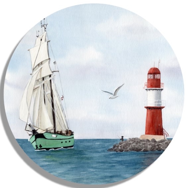 Untersetzer Glasuntersetzer rund 9,5 cm   Aquarell Maritim Kunst Druck Kunstdruck Ostsee Leuchtturm Warnemünde Ostmole rot Mole Molenfeuer  Rostock