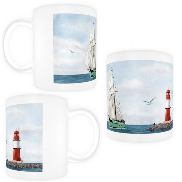 Tasse Becher Kaffeebecher Aquarell Maritim Kunst Druck Kunstdruck Ostsee Leuchtturm Warnemünde Ostmole rot Mole Molenfeuer  Rostock