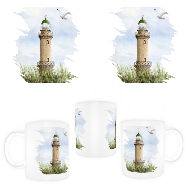 Tasse Becher Kaffeebecher Aquarell Maritim Kunst Druck Kunstdruck Ostsee Leuchtturm Warnemünde Rostock