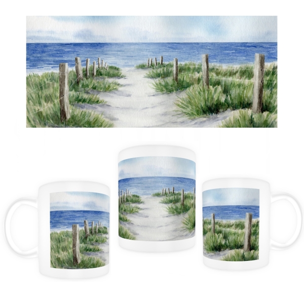 Tasse Becher Kaffeebecher Strandweg  Aquarell Maritim Kunst Druck Kunstdruck Dänemark Nordsee Ostsee Dünen Meer Strand Sylt