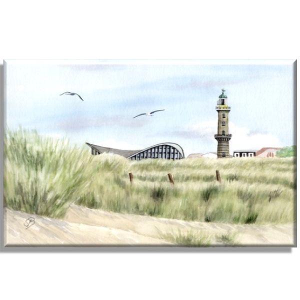 Leinwand 30 x 20 cm Keilrahmen Canvas-Leinen Aquarell Maritim Kunst Druck Kunstdruck Ostsee Leuchtturm Warnemünde Rostock Teepott Düne WA9