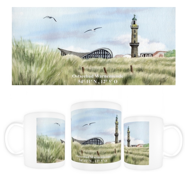 Tasse Becher Kaffeebecher Aquarell Maritim Kunst Druck Kunstdruck Ostsee Leuchtturm Warnemünde Rostock Teepott Düne WA9