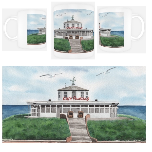 Tasse Becher Kaffeebecher Aquarell Maritim Kunst Druck Kunstdruck Nordsee Insel Wangerooge Café Pudding - WG4